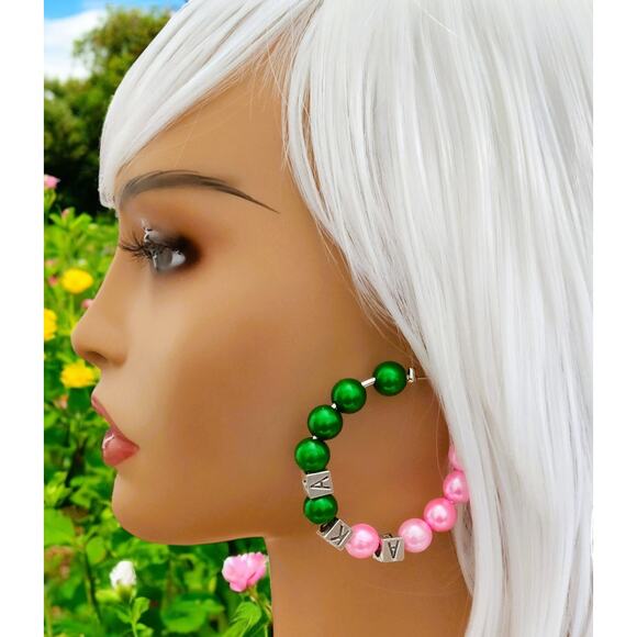 AKA Alpha Kappa Alpha Earrings Small Hoops Pink and Green - Picture 1 of 6